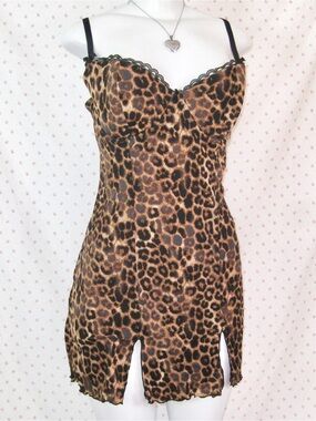y2k leopard mesh slip dress sheer lace trim mini